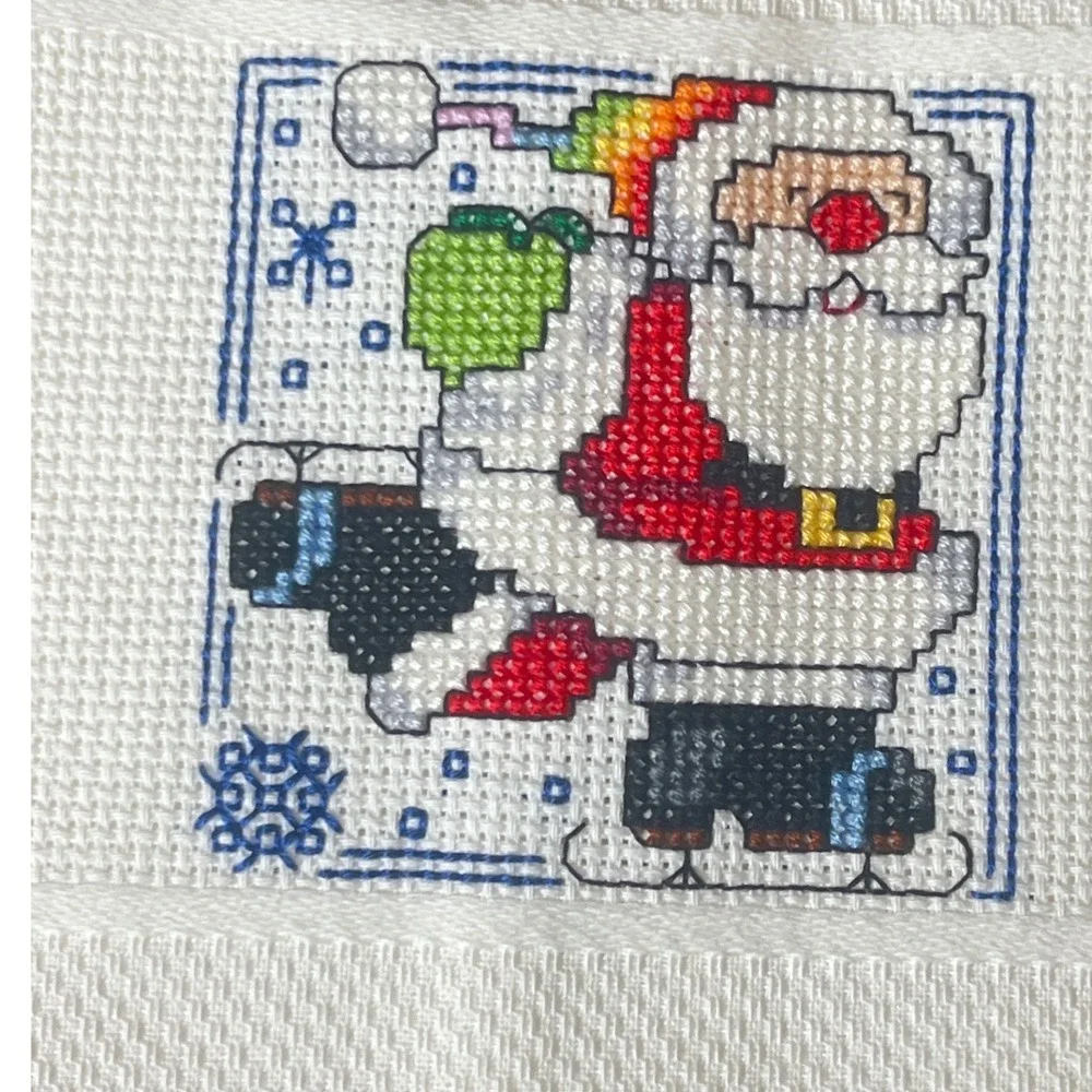 Vintage Handmade Christmas Cross Stitch Santa Reindeer Waffle Hand Towels Set 3